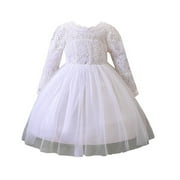 JSCDRPDWL Flower Girl Dress Girls Long Lace Bridesmaid Dress Sleeves Floor Length Maxi Tulle Pageant Gowns Wedding Party Dresses for Kids Teen Dresses White 5-6 Years